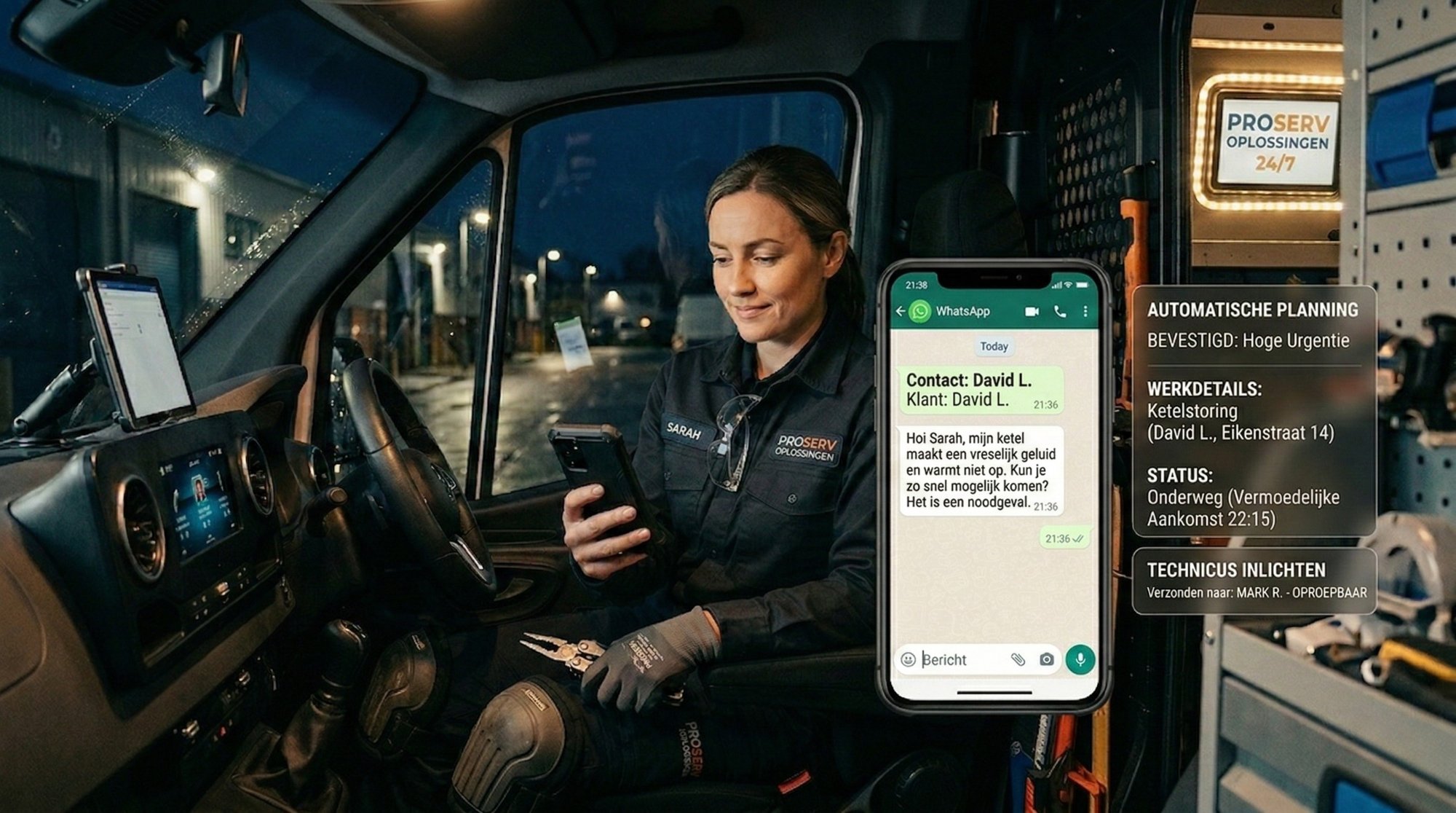 Monteur in bestelbus ontvangt automatische WhatsApp planning met klantgegevens